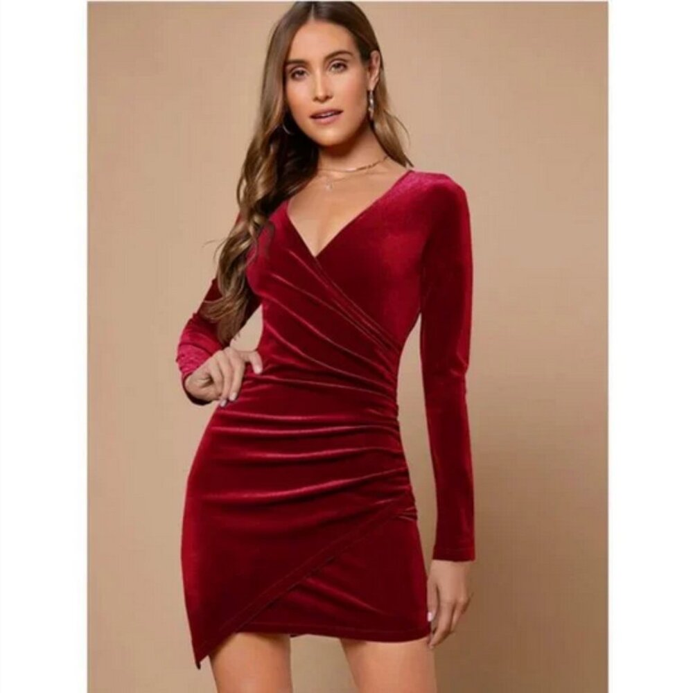 SHEIN Wrap Front Ruched Velvet Dress Sz: M - Picture 2 of 5